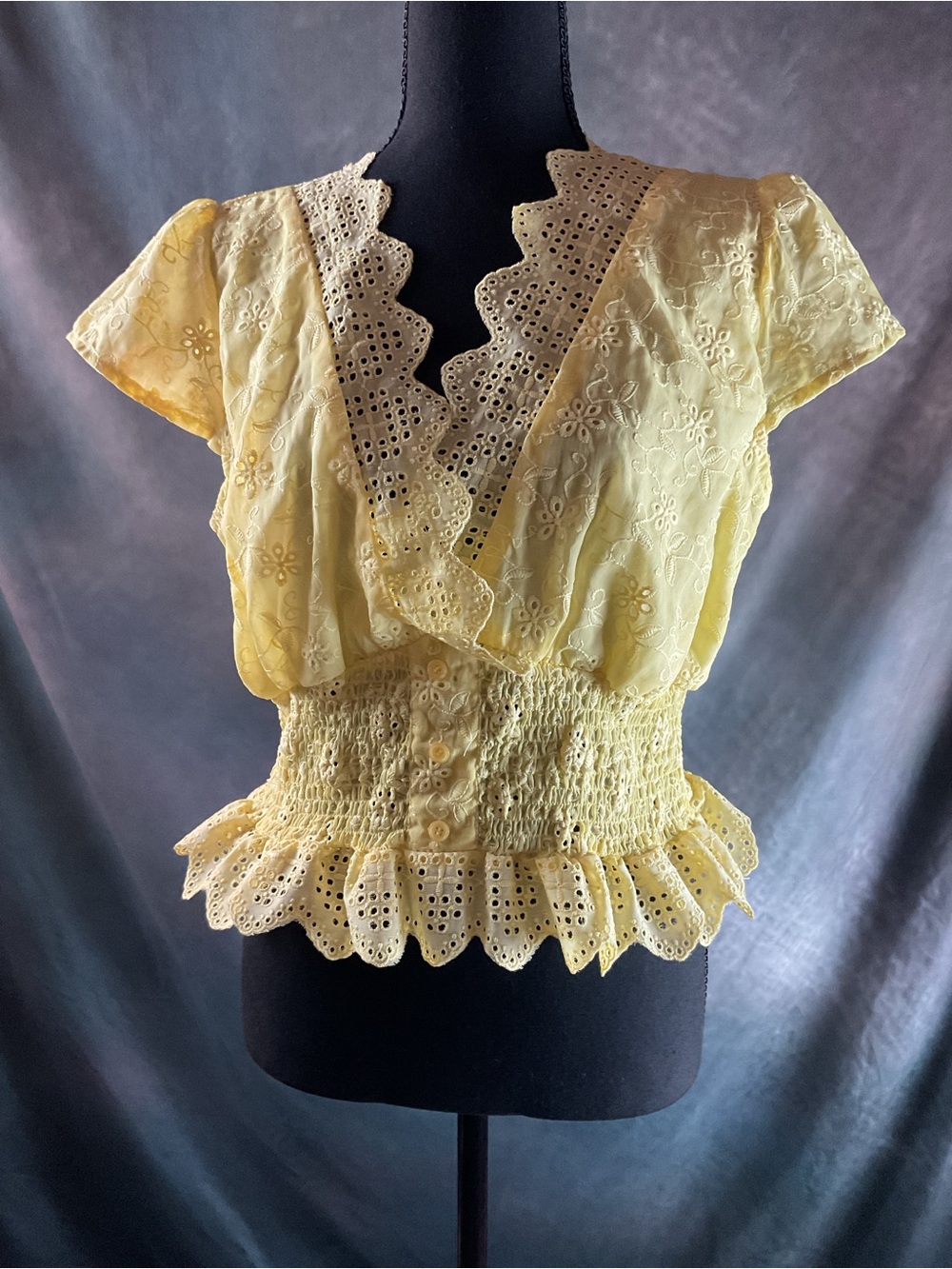 Eyelet Peplum Top in Pale Yellow